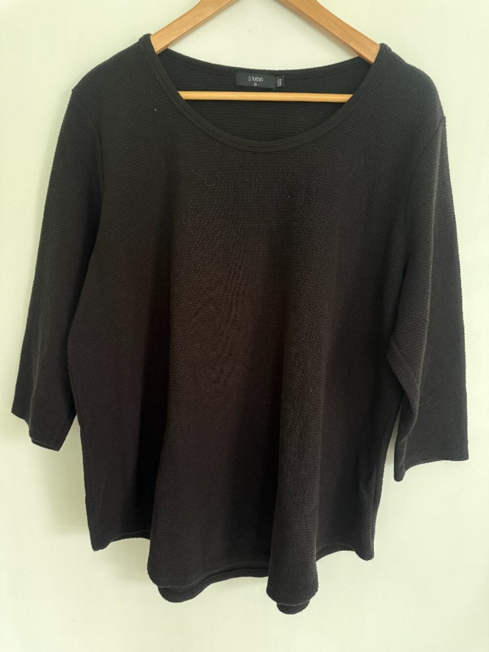 Studio Women Black 3/4 Sleeves Round Neck Pullover Waffle Top Plus Size 3X